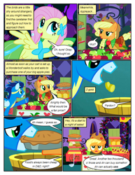 Size: 612x792 | Tagged: safe, artist:newbiespud, edit, edited screencap, screencap, character:applejack, character:fluttershy, character:soarin', species:earth pony, species:pegasus, species:pony, comic:friendship is dragons, episode:the best night ever, g4, my little pony: friendship is magic, annoyed, bit, bucket, clothing, comic, dialogue, dress, female, food, food stand, freckles, gala dress, goggles, hat, male, mare, mouth hold, pastry, pie, pointing, raised hoof, screencap comic, shop stand, smiling, stallion, tack, uniform, wonderbolts, wonderbolts uniform