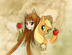 Size: 800x613 | Tagged: safe, artist:foxinshadow, character:applejack, apple, bust, crossover, grin, horo, portrait, spice and wolf