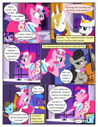 Size: 612x792 | Tagged: safe, artist:newbiespud, edit, edited screencap, screencap, character:beauty brass, character:octavia melody, character:parish nandermane, character:pinkie pie, character:prince blueblood, character:rainbow dash, character:rarity, character:twilight sparkle, character:twilight sparkle (unicorn), species:earth pony, species:pegasus, species:pony, species:unicorn, comic:friendship is dragons, episode:the best night ever, g4, my little pony: friendship is magic, background pony, bipedal, bow tie, cello, clothing, comic, dialogue, dress, eyes closed, female, flower, frown, gala dress, grin, hat, hooves, horn, male, mare, microphone, musical instrument, parish nandermane, rose, screencap comic, smiling, stallion, unamused, whispering, worried