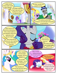 Size: 612x792 | Tagged: safe, artist:newbiespud, edit, edited screencap, screencap, character:caesar, character:lyrica lilac, character:princess celestia, character:rarity, species:alicorn, species:earth pony, species:pony, species:unicorn, comic:friendship is dragons, background pony, big crown thingy, bowing, chocolate tail, clothing, comic, dialogue, ethereal mane, eyes closed, female, flower, hat, jewelry, male, mare, monocle, necklace, pearl necklace, purple wave, regalia, rose, screencap comic, stallion, top hat, worried