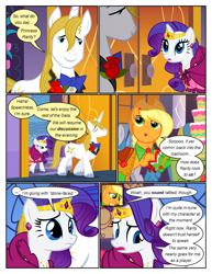 Size: 612x792 | Tagged: safe, artist:newbiespud, edit, edited screencap, screencap, character:applejack, character:prince blueblood, character:rarity, species:earth pony, species:pony, species:unicorn, comic:friendship is dragons, episode:the best night ever, g4, my little pony: friendship is magic, angry, bow tie, cake, cart, clothing, comic, dialogue, dress, eyes closed, female, flower, food, freckles, gala dress, glass slipper, hat, high heels, jewelry, looking up, male, mare, rearing, rose, screencap comic, shoes, smiling, stallion, tiara, unshorn fetlocks, worried