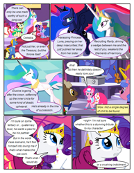 Size: 612x792 | Tagged: safe, artist:newbiespud, edit, edited screencap, screencap, character:pinkie pie, character:princess celestia, character:princess luna, character:rarity, character:twilight sparkle, character:twilight sparkle (unicorn), species:alicorn, species:earth pony, species:pegasus, species:pony, species:unicorn, comic:friendship is dragons, episode:the best night ever, g4, my little pony: friendship is magic, background pony, clothing, comic, dialogue, dress, ethereal mane, female, gala dress, galaxy mane, grin, jewelry, lying down, male, mare, screencap comic, smiling, stallion, tiara