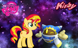 Size: 1440x900 | Tagged: safe, artist:arcgaming91, artist:jhayarr23, artist:tardifice, character:sunset shimmer, species:pony, species:unicorn, crossover, female, kirby, kirby star allies, magolor, mare, my little pony logo, nintendo, video game