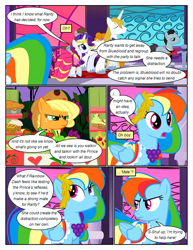 Size: 612x792 | Tagged: safe, artist:newbiespud, edit, edited screencap, screencap, character:applejack, character:prince blueblood, character:rainbow dash, character:rarity, species:earth pony, species:pegasus, species:pony, species:unicorn, comic:friendship is dragons, episode:the best night ever, g4, my little pony: friendship is magic, annoyed, apple, background pony, clothing, comic, cupcake, dialogue, dress, female, food, freckles, frown, gala dress, glare, hat, laurel wreath, looking back, looking up, male, mare, necktie, pie, screencap comic, shop stand, stallion, unshorn fetlocks