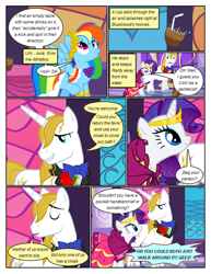 Size: 612x792 | Tagged: safe, artist:newbiespud, edit, edited screencap, screencap, character:prince blueblood, character:rainbow dash, character:rarity, species:pegasus, species:pony, species:unicorn, comic:friendship is dragons, episode:the best night ever, g4, my little pony: friendship is magic, bow tie, clothing, comic, dialogue, dress, drink, female, flower, gala dress, jewelry, looking up, male, mare, rose, screencap comic, stallion, tiara, unshorn fetlocks