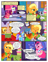 Size: 612x792 | Tagged: safe, artist:newbiespud, edit, edited screencap, screencap, character:applejack, character:diamond mint, character:lyra heartstrings, character:pinkie pie, character:white lightning, species:earth pony, species:pegasus, species:pony, species:unicorn, comic:friendship is dragons, episode:the best night ever, g4, my little pony: friendship is magic, angry, background pony, bipedal, cart, clothing, comic, dialogue, dress, eyes closed, female, flower, flower in hair, freckles, gala dress, glare, hat, jewelry, looking back, looking up, mare, puddle, saddle, screencap comic, smiling, tack, tiara