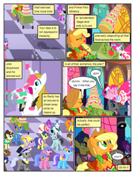 Size: 612x792 | Tagged: safe, artist:newbiespud, edit, edited screencap, screencap, character:applejack, character:diamond mint, character:pinkie pie, character:prince blueblood, species:earth pony, species:pegasus, species:pony, species:unicorn, comic:friendship is dragons, episode:the best night ever, g4, my little pony: friendship is magic, background pony, background pony audience, cake, cart, clothing, comic, dialogue, eyes closed, female, flower, flower in hair, food, freckles, hat, jumping, looking up, male, mare, saddle, screencap comic, shocked, stallion, surprised, tack, top hat
