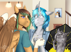 Size: 2671x1956 | Tagged: safe, artist:jc_bbqueen, oc, oc only, oc:bubble lee, oc:kiwi breeze, oc:mako, oc:silver lining, species:anthro, species:pegasus, species:pony, species:unicorn, anthro oc, clothing, digital art, female, freckles, makolee, male, mare, mother and daughter, orca pony, original species, photo, shipping, stallion, story in the source, straight