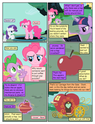 Size: 612x802 | Tagged: safe, artist:newbiespud, artist:winged cat, edit, edited screencap, screencap, character:pinkie pie, character:rarity, character:spike, character:twilight sparkle, character:twilight sparkle (unicorn), species:dragon, species:earth pony, species:pony, species:unicorn, comic:friendship is dragons, episode:the best night ever, g4, my little pony: friendship is magic, apple, apple carriage, book, chariot, collaboration, comic, dialogue, female, food, frown, glowing horn, horn, implied applejack, magic, male, mare, reading, screencap comic, slit eyes, telekinesis, trampoline, transformation, unamused