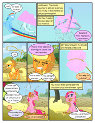 Size: 612x792 | Tagged: safe, artist:newbiespud, edit, edited screencap, screencap, character:applejack, character:pinkie pie, character:rainbow dash, species:earth pony, species:pegasus, species:pony, comic:friendship is dragons, episode:the return of harmony, g4, my little pony: friendship is magic, ..., angry, chocolate, chocolate milk, clothing, cloud, comic, cotton candy, dialogue, eating, eyes closed, female, flying, freckles, glare, gritted teeth, hat, implied rarity, implied twilight sparkle, lasso, licking, licking lips, looking up, mare, messy eating, messy mane, milk, motion blur, mouth hold, open mouth, puffy cheeks, rope, screencap comic, tongue out, wet mane