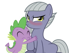 Size: 750x539 | Tagged: safe, artist:jhayarr23, edit, editor:undeadponysoldier, character:limestone pie, character:spike, species:earth pony, species:pony, ship:spikestone, episode:the maud couple, g4, my little pony: friendship is magic, angry, blushing, crack shipping, cute, eyeroll, female, hug, limestone is not amused, limetsun pie, male, mare, shipping, simple background, straight, tsundere, white background