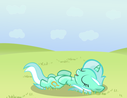 Size: 2734x2105 | Tagged: safe, artist:sintakhra, character:lyra heartstrings, species:pony, species:unicorn, female, filly, filly lyra, grass, on back, smiling, solo, younger