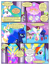 Size: 612x792 | Tagged: safe, artist:newbiespud, edit, edited screencap, screencap, character:discord, character:princess celestia, character:princess luna, character:rainbow dash, species:alicorn, species:draconequus, species:pegasus, species:pony, comic:friendship is dragons, episode:princess twilight sparkle, episode:the return of harmony, g4, my little pony: friendship is magic, big crown thingy, comic, dialogue, elements of harmony, ethereal mane, female, flower, frown, galaxy mane, glare, glowing horn, grin, hoof shoes, horn, injured, jewelry, looking up, magic, mare, marionette, peytral, regalia, screencap comic, smiling, spread wings, stained glass, telekinesis, wings