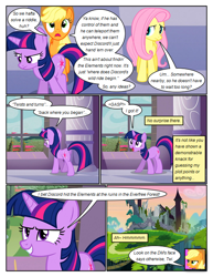 Size: 612x792 | Tagged: safe, artist:newbiespud, edit, edited screencap, screencap, character:applejack, character:fluttershy, character:twilight sparkle, character:twilight sparkle (unicorn), species:earth pony, species:pegasus, species:pony, species:unicorn, comic:friendship is dragons, episode:the return of harmony, g4, my little pony: friendship is magic, castle of the royal pony sisters, clothing, comic, dialogue, female, freckles, frown, grin, hat, looking up, mare, open mouth, screencap comic, smiling, worried