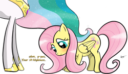 Size: 800x467 | Tagged: safe, artist:ratofdrawn, character:fluttershy, character:princess celestia, species:pony, blushing, bow, cute, female, shyabetes, simple background, text, transparent background