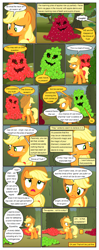 Size: 612x1553 | Tagged: safe, artist:newbiespud, edit, edited screencap, screencap, character:applejack, species:earth pony, species:pony, comic:friendship is dragons, episode:the return of harmony, g4, my little pony: friendship is magic, apple, apple monster, clothing, comic, dialogue, female, food, freckles, hat, hedge maze, implied discord, keepers of the grove of truth, looking back, mare, raised hoof, screencap comic
