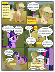 Size: 612x792 | Tagged: safe, artist:newbiespud, edit, edited screencap, screencap, character:applejack, character:twilight sparkle, species:earth pony, species:pony, comic:friendship is dragons, episode:the return of harmony, g4, my little pony: friendship is magic, clothing, comic, dialogue, discorded, earth pony twilight, female, freckles, hat, hedge maze, implied discord, liarjack, mare, mind control, screencap comic, smiling, swirly eyes, walking