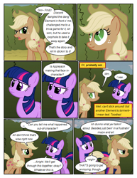 Size: 612x792 | Tagged: safe, artist:newbiespud, edit, edited screencap, screencap, character:applejack, character:twilight sparkle, species:earth pony, species:pony, comic:friendship is dragons, episode:the return of harmony, g4, my little pony: friendship is magic, ..., angry, annoyed, clothing, comic, dialogue, discorded, earth pony twilight, female, frown, hat, hedge maze, implied discord, liarjack, mare, screencap comic, scrunchy face, suspicious