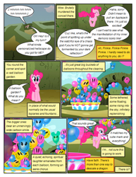 Size: 612x792 | Tagged: safe, artist:newbiespud, edit, edited screencap, screencap, character:pinkie pie, species:earth pony, species:pony, comic:friendship is dragons, episode:the return of harmony, g4, my little pony: friendship is magic, balloon, comic, d:, dialogue, discorded, female, hedge maze, implied discord, mare, music notes, open mouth, pronking, screencap comic, wide eyes