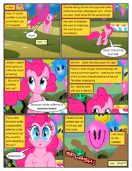 Size: 612x792 | Tagged: safe, artist:newbiespud, edit, edited screencap, screencap, species:earth pony, species:pony, comic:friendship is dragons, episode:the return of harmony, g4, my little pony: friendship is magic, balloon, comic, dialogue, eyes closed, female, grin, hedge maze, implied discord, mare, mud, onomatopoeia, pacman eyes, pronking, screencap comic, smiling, wide eyes