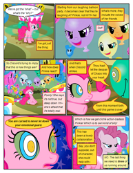 Size: 612x792 | Tagged: safe, artist:newbiespud, edit, edited screencap, screencap, character:pinkie pie, species:earth pony, species:pony, comic:friendship is dragons, episode:the return of harmony, g4, my little pony: friendship is magic, balloon, comic, dialogue, discorded, female, implied discord, laughing, mare, mind control, open mouth, pacman eyes, scared, screencap comic, swirly eyes