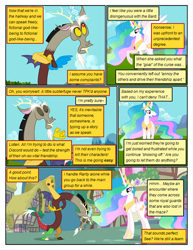 Size: 612x792 | Tagged: safe, artist:newbiespud, edit, edited screencap, screencap, character:discord, character:princess celestia, species:alicorn, species:draconequus, species:pony, comic:friendship is dragons, episode:the return of harmony, g4, my little pony: friendship is magic, big crown thingy, bowing, comic, dialogue, ethereal mane, eyes closed, female, hoof shoes, jewelry, male, mare, peytral, raised hoof, regalia, screencap comic, smiling, worried