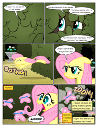 Size: 612x792 | Tagged: safe, artist:newbiespud, edit, edited screencap, screencap, character:fluttershy, species:pegasus, species:pony, comic:friendship is dragons, episode:the return of harmony, g4, my little pony: friendship is magic, butterfly, comic, dialogue, dust, eyes closed, female, flower, frown, glare, hedge maze, hiding, jumping, mare, onomatopoeia, running, scared, screencap comic, sigh