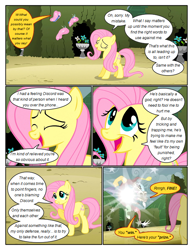 Size: 612x792 | Tagged: safe, artist:newbiespud, edit, edited screencap, screencap, character:discord, character:fluttershy, species:draconequus, species:pegasus, species:pony, comic:friendship is dragons, episode:the return of harmony, g4, my little pony: friendship is magic, annoyed, butterfly, comic, dialogue, eyes closed, female, flower, hedge maze, male, mare, raised hoof, screencap comic, smiling, smug, teleportation