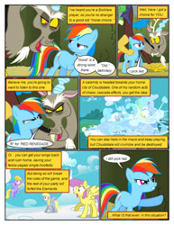 Size: 612x792 | Tagged: safe, artist:newbiespud, edit, edited screencap, screencap, character:cloud kicker, character:derpy hooves, character:discord, character:parasol, character:rainbow dash, species:draconequus, species:pegasus, species:pony, comic:friendship is dragons, episode:the return of harmony, g4, my little pony: friendship is magic, angry, annoyed, background pony, cloudsdale, comic, dialogue, female, flying, frown, hedge maze, looking up, male, mare, raised hoof, scared, screencap comic, surprised, wingless