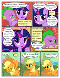 Size: 612x792 | Tagged: safe, artist:newbiespud, edit, edited screencap, screencap, character:spike, character:twilight sparkle, character:twilight sparkle (unicorn), species:dragon, species:earth pony, species:pony, species:unicorn, comic:friendship is dragons, episode:the return of harmony, g4, my little pony: friendship is magic, apple, clothing, comic, dialogue, eyes closed, female, food, freckles, frown, grin, hat, hoof hold, male, mare, night, raised hoof, sad, screencap comic, sleepy, slit eyes, smiling, stars, tired, tree