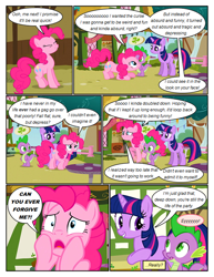 Size: 612x792 | Tagged: safe, artist:newbiespud, edit, edited screencap, screencap, character:pinkie pie, character:spike, character:twilight sparkle, character:twilight sparkle (unicorn), species:dragon, species:earth pony, species:pony, species:unicorn, comic:friendship is dragons, cheek squish, comic, d:, dialogue, eyes closed, female, grin, looking up, male, mare, open mouth, raised hoof, screencap comic, slit eyes, smiling, squishy cheeks