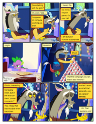 Size: 612x792 | Tagged: safe, artist:newbiespud, edit, edited screencap, screencap, character:discord, character:spike, species:draconequus, species:dragon, species:pony, comic:friendship is dragons, book, card, comic, dialogue, eyes closed, house of cards, male, screencap comic, sitting, slit eyes