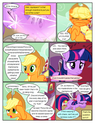 Size: 612x792 | Tagged: safe, artist:newbiespud, edit, edited screencap, screencap, character:applejack, character:twilight sparkle, character:twilight sparkle (unicorn), species:earth pony, species:pony, species:unicorn, comic:friendship is dragons, episode:the return of harmony, g4, my little pony: friendship is magic, barn, clothing, comic, dialogue, discorded, eyes closed, female, freckles, frown, glowing horn, hat, head shake, horn, implied discord, implied rainbow dash, liarjack, mare, raised hoof, rearing, screencap comic