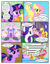 Size: 612x792 | Tagged: safe, artist:newbiespud, edit, edited screencap, screencap, character:applejack, character:fluttershy, character:pinkie pie, character:rarity, character:twilight sparkle, character:twilight sparkle (unicorn), species:pony, species:unicorn, comic:friendship is dragons, episode:the return of harmony, g4, my little pony: friendship is magic, apple, clothing, comic, dialogue, eyes closed, flying, food, freckles, glow, harness, hat, laughing, looking back, looking up, screencap comic, sigh, smiling, tack, wagon