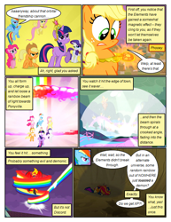 Size: 612x792 | Tagged: safe, artist:newbiespud, edit, edited screencap, screencap, character:applejack, character:fluttershy, character:pinkie pie, character:rainbow dash, character:rarity, character:sunset satan, character:sunset shimmer, character:twilight sparkle, species:earth pony, species:pegasus, species:pony, species:unicorn, comic:friendship is dragons, episode:the return of harmony, equestria girls:equestria girls, g4, my little pony: equestria girls, my little pony: friendship is magic, my little pony:equestria girls, big crown thingy, burnt, clothing, comic, crossed arms, demon, dialogue, elements of harmony, explosion, female, floating, flying, freckles, frown, glare, glow, glowing eyes, grin, hat, implied discord, jewelry, looking up, mane six, mare, ponyville, rainbow, raised hoof, regalia, screencap comic, smiling, smirk, sunset satan, wide eyes