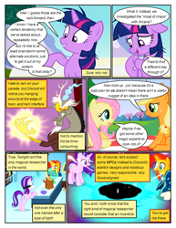 Size: 612x792 | Tagged: safe, artist:newbiespud, edit, edited screencap, screencap, character:applejack, character:discord, character:fluttershy, character:starlight glimmer, character:sunburst, character:twilight sparkle, character:twilight sparkle (unicorn), species:draconequus, species:earth pony, species:pegasus, species:pony, species:unicorn, comic:friendship is dragons, episode:celestial advice, g4, my little pony: friendship is magic, angry, black hole, cloak, clothing, comic, dialogue, female, flower, freckles, glowing hands, glowing horn, goggles, hat, horn, log, magic, male, mare, messy mane, open mouth, picnic blanket, raised hoof, screencap comic, sitting, socks (coat marking), stallion, surprised, telekinesis