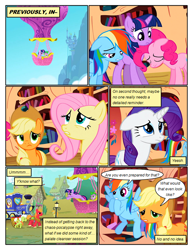 Size: 612x792 | Tagged: safe, artist:newbiespud, edit, edited screencap, screencap, character:applejack, character:big mcintosh, character:fluttershy, character:granny smith, character:pinkie pie, character:rainbow dash, character:rarity, character:spike, character:twilight sparkle, character:twilight sparkle (unicorn), species:earth pony, species:pegasus, species:pony, species:unicorn, comic:friendship is dragons, book, bookcase, canterlot, clothing, comic, dialogue, eyes closed, female, flying, frown, golden oaks library, hat, hot air balloon, looking down, male, mane seven, mane six, mare, sad, screencap comic, stallion, tired, unshorn fetlocks, wagon, worried, yoke