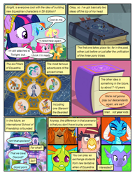 Size: 612x792 | Tagged: safe, artist:newbiespud, edit, edited screencap, screencap, character:applejack, character:flash magnus, character:fluttershy, character:grampa gruff, character:meadowbrook, character:mistmane, character:pinkie pie, character:prince rutherford, character:princess ember, character:rainbow dash, character:rockhoof, character:seaspray, character:somnambula, character:star swirl the bearded, character:thorax, character:twilight sparkle, character:twilight sparkle (unicorn), species:changeling, species:classical hippogriff, species:dragon, species:earth pony, species:griffon, species:hippogriff, species:pegasus, species:pony, species:reformed changeling, species:unicorn, species:yak, comic:friendship is dragons, episode:school daze, g4, my little pony: friendship is magic, big crown thingy, blind eye, blindfold, book, cape, cloak, clothing, comic, dialogue, dragoness, element of magic, eye scar, female, fez, frown, hat, jewelry, male, mare, mask, pillars of equestria, regalia, scar, screencap comic, shovel, smiling, stallion, worried