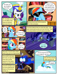 Size: 612x792 | Tagged: safe, artist:newbiespud, edit, edited screencap, screencap, character:princess luna, character:rainbow dash, character:rarity, species:alicorn, species:bat pony, species:pegasus, species:pony, comic:friendship is dragons, episode:testing testing 1-2-3, g4, my little pony: friendship is magic, ancient wonderbolts uniform, armor, book, bookcase, clothing, cloud, comic, dialogue, female, flying, glowing eyes, golden oaks library, grin, hat, hoof shoes, male, mare, night guard, on a cloud, screencap comic, smiling, stallion, sunglasses, thinking, uniform