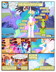 Size: 612x792 | Tagged: safe, artist:newbiespud, edit, edited screencap, screencap, character:applejack, character:fluttershy, character:grampa gruff, character:pinkie pie, character:prince rutherford, character:princess celestia, character:princess ember, character:rainbow dash, character:rarity, character:seaspray, character:thorax, character:twilight sparkle, character:twilight sparkle (unicorn), species:alicorn, species:changeling, species:classical hippogriff, species:dragon, species:earth pony, species:griffon, species:hippogriff, species:pegasus, species:pony, species:reformed changeling, species:unicorn, species:yak, comic:friendship is dragons, episode:school daze, g4, my little pony: friendship is magic, big crown thingy, blind eye, book, bookshelf, canterlot, clothing, cloud, comic, dialogue, dragoness, ethereal mane, eye scar, eyes closed, female, fez, flying, grin, hat, hoof shoes, jewelry, looking up, male, mane six, mare, meme, mountain, open mouth, peytral, rainbow, raised hoof, regalia, scar, screencap comic, smiling, surprised