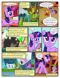 Size: 612x792 | Tagged: safe, artist:newbiespud, edit, edited screencap, screencap, character:spike, character:starlight glimmer, character:thorax, character:trixie, character:twilight sparkle, character:twilight sparkle (unicorn), species:changeling, species:dragon, species:pony, species:reformed changeling, species:unicorn, comic:friendship is dragons, episode:to change a changeling, g4, my little pony: friendship is magic, bear, book, bookshelf, comic, cute, cuteling, dialogue, disguise, disguised changeling, eyes closed, female, flamingo, glowing horn, grin, happy, hooves together, horn, male, mare, mouth hold, screencap comic, slit eyes, smiling, starry eyes, thinking, transformation, unamused, wingding eyes
