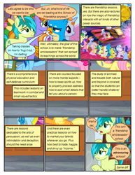 Size: 612x792 | Tagged: safe, artist:newbiespud, edit, edited screencap, screencap, character:applejack, character:auburn vision, character:berry blend, character:berry bliss, character:citrine spark, character:fire quacker, character:fluttershy, character:gallus, character:huckleberry, character:november rain, character:pinkie pie, character:rainbow dash, character:sandbar, character:slate sentiments, character:strawberry scoop, character:summer meadow, species:earth pony, species:griffon, species:pegasus, species:pony, comic:friendship is dragons, episode:school daze, g4, my little pony: friendship is magic, background pony, background pony audience, colt, comic, dialogue, female, filly, friendship student, frown, male, screencap comic, sitting, worried