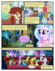 Size: 612x792 | Tagged: safe, artist:newbiespud, edit, edited screencap, screencap, character:auburn vision, character:berry blend, character:berry bliss, character:bifröst, character:citrine spark, character:cozy glow, character:fire quacker, character:gallus, character:huckleberry, character:november rain, character:ocellus, character:peppermint goldylinks, character:sandbar, character:silverstream, character:smolder, character:yona, species:changedling, species:changeling, species:classical hippogriff, species:dragon, species:earth pony, species:griffon, species:hippogriff, species:pegasus, species:pony, species:reformed changeling, species:unicorn, species:yak, comic:friendship is dragons, background pony, background pony audience, book, bow, castle of the royal pony sisters, comic, dialogue, dragoness, female, filly, flying, friendship student, frown, hair bow, hands together, male, screencap comic, sitting, smiling, student six