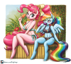 Size: 1875x1675 | Tagged: safe, artist:king-kakapo, character:pinkie pie, character:rainbow dash, species:anthro, species:earth pony, species:pegasus, species:pony, species:unguligrade anthro, adorasexy, belly button, bikini, blushing, breasts, cleavage, clothing, cute, dashabetes, diapinkes, digital art, duo, eating, female, food, mare, midriff, patreon, patreon logo, popsicle, sexy, size difference, smiling, spread wings, swimsuit, tankini, wings