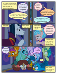 Size: 612x792 | Tagged: safe, artist:newbiespud, edit, edited screencap, screencap, character:chancellor neighsay, character:cozy glow, character:gallus, character:ocellus, character:sandbar, character:silverstream, character:smolder, character:yona, species:changedling, species:changeling, species:classical hippogriff, species:dragon, species:earth pony, species:griffon, species:hippogriff, species:pegasus, species:pony, species:reformed changeling, species:unicorn, species:yak, comic:friendship is dragons, episode:school raze, g4, my little pony: friendship is magic, caught, comic, dialogue, dragoness, female, filly, freckles, frown, male, screencap comic, stallion, student six, surprised