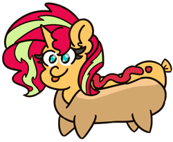 Size: 1100x900 | Tagged: safe, artist:threetwotwo32232, character:sunset shimmer, species:pony, species:unicorn, cute, female, food, hot dog, mare, meat, mlem, no pupils, sausage, sausage pony, shimmerbetes, silly, solo, tongue out, wat