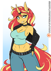 Size: 1314x1839 | Tagged: safe, artist:ambris, character:sunset shimmer, species:anthro, species:pony, species:unicorn, armpits, belly button, black eyeshadow, blushing, breasts, busty sunset shimmer, clothing, collar, digital art, eyeshadow, female, fingerless gloves, gloves, horn, horn jewelry, horn ring, jacket, jewelry, makeup, mare, midriff, no bra underneath, pants, patreon, patreon logo, short shirt, smiling, solo, spiked belt, spiked collar, sunset shimmer day, tank top