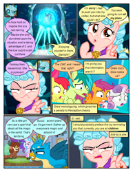 Size: 612x792 | Tagged: safe, artist:newbiespud, edit, edited screencap, screencap, character:apple bloom, character:cozy glow, character:gallus, character:ocellus, character:sandbar, character:scootaloo, character:silverstream, character:starlight glimmer, character:sweetie belle, character:yona, species:changedling, species:changeling, species:classical hippogriff, species:earth pony, species:griffon, species:hippogriff, species:pegasus, species:pony, species:reformed changeling, species:unicorn, species:yak, comic:friendship is dragons, episode:school raze, g4, my little pony: friendship is magic, bow, comic, concerned, cozy glow is not amused, cutie mark, cutie mark crusaders, dialogue, female, filly, freckles, gallus is not amused, hair bow, looking down, mare, open mouth, raised hoof, screencap comic, the cmc's cutie marks, unamused, wide eyes