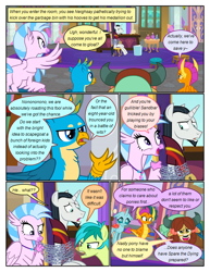 Size: 612x792 | Tagged: safe, artist:newbiespud, edit, edited screencap, screencap, character:chancellor neighsay, character:gallus, character:ocellus, character:sandbar, character:silverstream, character:smolder, character:yona, species:changedling, species:changeling, species:classical hippogriff, species:dragon, species:earth pony, species:griffon, species:hippogriff, species:pony, species:reformed changeling, species:unicorn, species:yak, comic:friendship is dragons, chained, comic, desk, dialogue, dragoness, female, flying, frown, hand on hip, male, mouth hold, screencap comic, smiling, stallion, student six, table