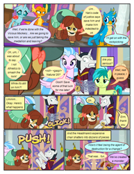 Size: 612x792 | Tagged: safe, artist:newbiespud, edit, edited screencap, screencap, character:chancellor neighsay, character:gallus, character:ocellus, character:sandbar, character:silverstream, character:smolder, character:yona, species:changedling, species:changeling, species:classical hippogriff, species:dragon, species:earth pony, species:griffon, species:hippogriff, species:pony, species:reformed changeling, species:yak, comic:friendship is dragons, episode:school raze, g4, my little pony: friendship is magic, bow, chains, chair, comic, dialogue, dragoness, female, hair bow, male, onomatopoeia, pushing, scared, screencap comic, smiling, stallion, student six